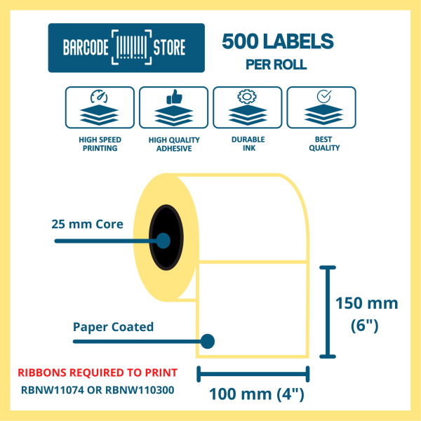 Barcode Paper Labels T-100mm x 150mm, 500 Labels / Roll