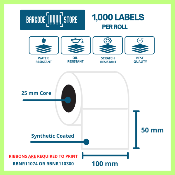 Barcode Synthetic Labels P-100mm x 50mm, 1,000 Labels / Roll