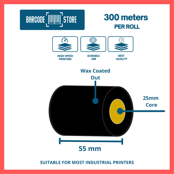 Wax Ribbons W- 55mm x 300mtrs, 25mm core