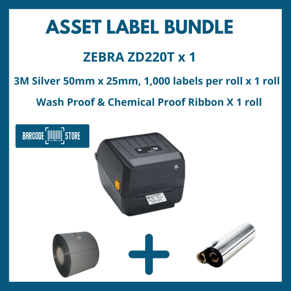 Asset Label Bundle - Zebra ZD220t + 3M Silver 50mm x 25mm + Resin Ribbon